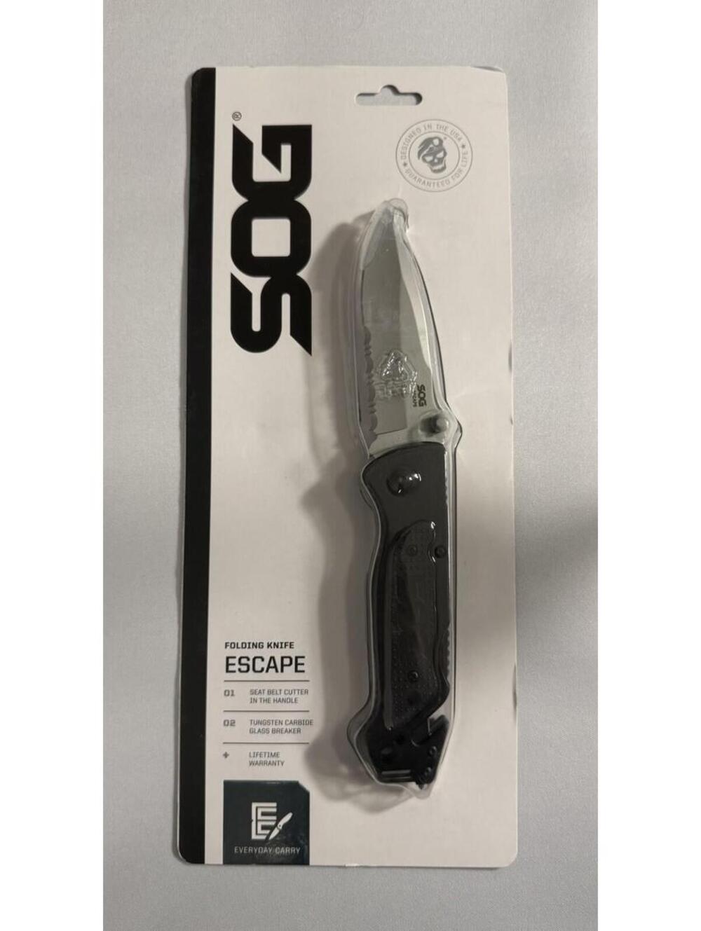 SOG Escape Folding Knife 3.4" Serrated Edge Blade w/ Glass Breaker Silver/Black